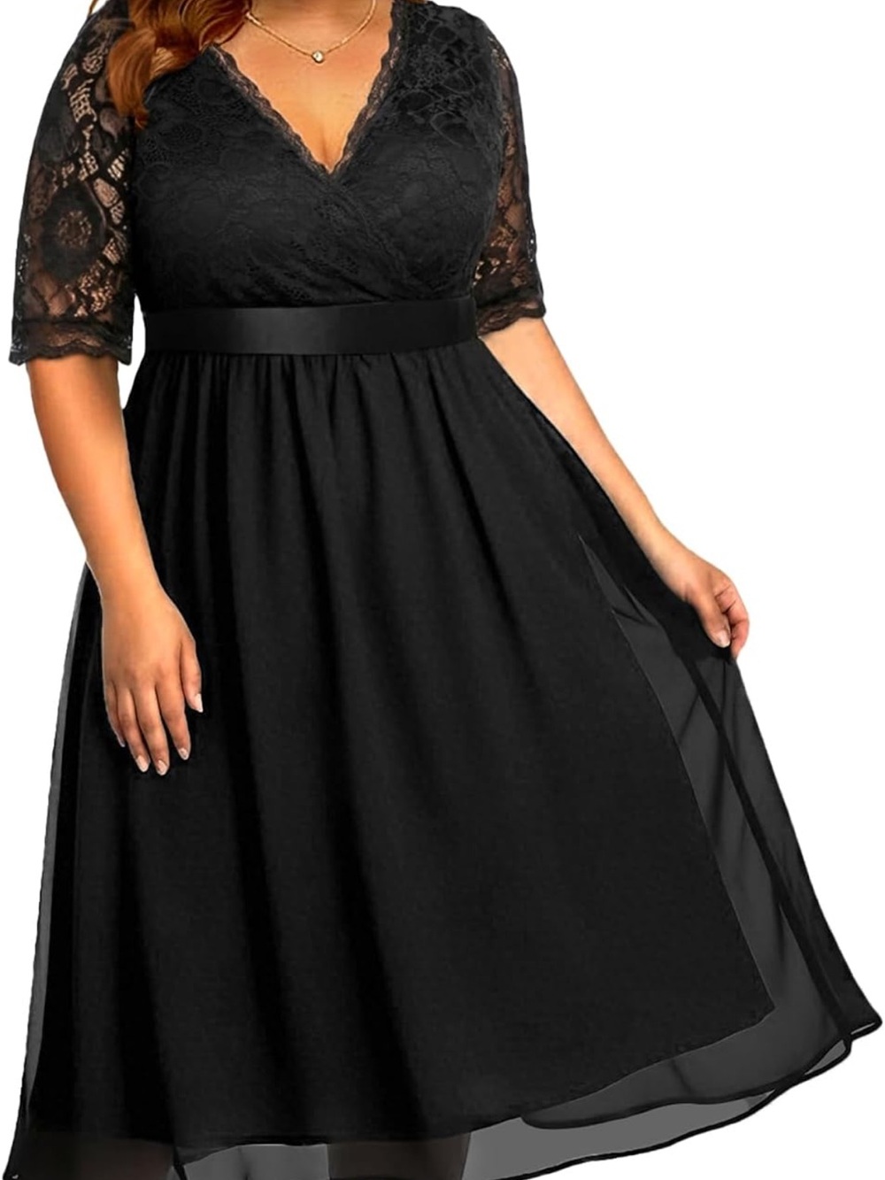 Plus-Size Black Lace Midi Dress with V-Neck and Elbow Sleeves